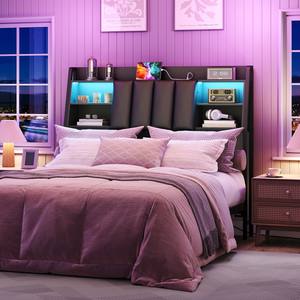 Tête <span class=keywords><strong>de</strong></span> <span class=keywords><strong>lit</strong></span> rembourrée noire avec rangement, tête <span class=keywords><strong>de</strong></span> <span class=keywords><strong>lit</strong></span> double avec station <span class=keywords><strong>de</strong></span> charge et dossier rembourré à bande lumineuse LED - Product Image 2