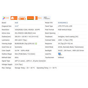 1000:1 B140uan02.1, 400cd/<span class=keywords><strong>M</strong></span> Geen Aanraking 16:10 Lcd 14.0 "Scherm Module 1920*1200 Wled Nieuwe Laptop Lcd-Scherm 30Pins 100% Srgb - Product Image 6