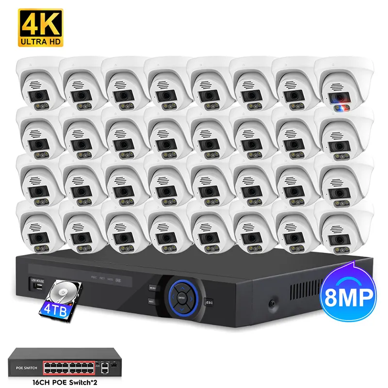 Hd 4K ระบบกล้องรักษาความปลอดภัยบ้าน8Mp สีเต็มรูปแบบคืนวิสัยทัศน์32ช่อง Nvr ระบบกล้องวงจรปิด