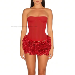 Women's Strapless Corset <b>Top</b> & 3D Floral Mini Skirt Set - Lace-Up Back Corset With <b>Rose</b> Hem Skirt 2 Piece Set Fashion - Product Image 3