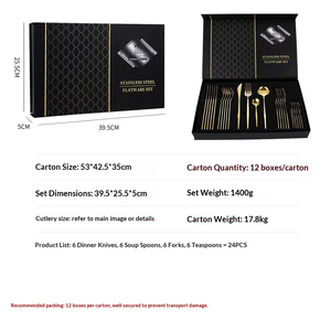 Offre Spéciale : Ensemble de Couverts Portugais Minimaliste en Acier Inoxydable, 24 Pièces, Poli Miroir, Plaqué Or (Couteaux, Fourchettes, Cuillères) - Product Image 3