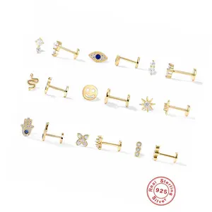 Toderi Factory Bling Small Funny 925 Silver Screw Back Piercing Jewelry Smile Hasma Stars Evil Eyes Pendientes
