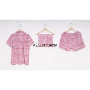 Vente en gros Ensemble de vêtements de nuit à manches courtes en coton indien imprimé numériquement respirant pour printemps et été Pantalon chemise sexy pour femmes Maison - Product Image 4