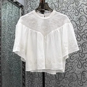 Crop Tops 2024 Summer Fashion Blouses High Quality Designer Blouse Women Luxurious Embroidery Short Sleeve Black White Tops