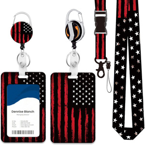 Porte-carte d'accès transfrontalier avec drapeau national rouge et noir, boucle rétractable, clip de fixation amovible pour employé, système de tirage facile - Product Image 1