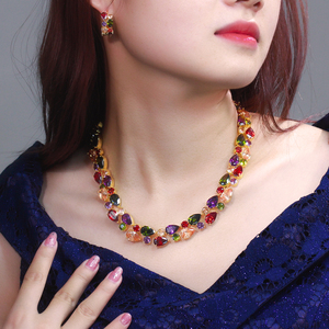 Bộ trang sức cưới đầy màu sắc Mona Lisa mạ vàng siêu sang trọng, gồm vòng cổ và bông tai zircon cubic dành cho nữ dự tiệc - Product Image 6