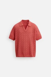 Haut à manches courtes en coton et lin mélangé pour hommes, tissage ouvert pour polo avec tissu tricoté texturé teint en fil, motif uni - Product Image 6