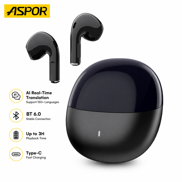 ASPOR AI Real Time Translation TWS Earbuds BT 6.0 Wireless Language Translator Earphones Support 150+ Languages OEM ODM A656