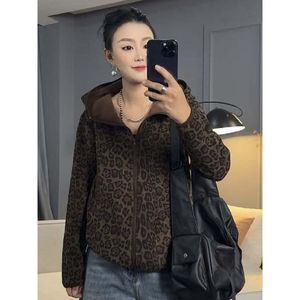 Women's Leopard Print Hooded Sweatshirt Zipper Front Knitted Breathable Casual Wear - Product Image 3