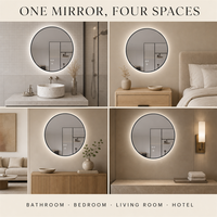 Miroir de salle de bain LED rond mural, cadre en métal noir fin, rétroéclairé, interrupteur tactile, miroir intelligent pour appartement, hôtel, commandes