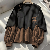 Sweat-shirt deux pièces personnalisé OEM pour femme, motif floral, patchwork rayé, pull à ourlet ondulé, manches ballon, hauts décontractés noirs