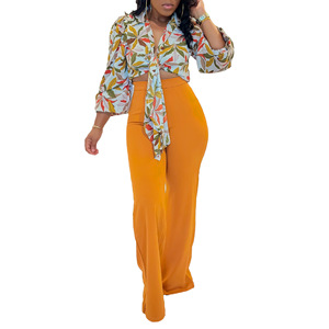 Abito Casual da <span class=keywords><strong>donna</strong></span> europeo americano Set due pezzi con risvolto stampato a maniche lunghe <span class=keywords><strong>pantaloni</strong></span> a maniche lunghe a gamba lunga - Product Image 6