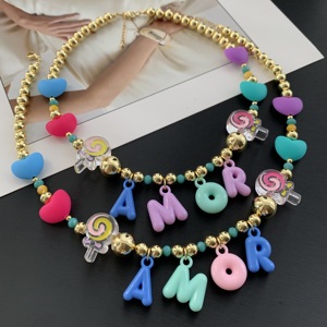 Nouveau <span class=keywords><strong>Collier</strong></span> BD-C6404 Tendance avec Perles Dorées, Breloque Lettre Bulle Colorée pour Fête, <span class=keywords><strong>Collier</strong></span> AMOR Cœur Mignon <span class=keywords><strong>Sucette</strong></span> - Product Image 5