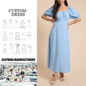 Abito Midi Donna Personalizzato OEM Blu a <span class=keywords><strong>Pois</strong></span> con Maniche a Sbuffo, Scollo Quadrato Retrò, Bustino Arricciato, Abito Estivo da Festa, Private Label 2026 - Product Image 1