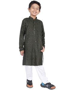 Ensemble Kurta en Rayonne pour Garçons avec Broderie Décorative à Paillettes, Vêtements Traditionnels Indiens pour Enfants, Tenue de Fête - Product Image 2