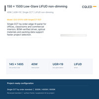 Panneau LED 40W à faible éblouissement UGR19 150x1500mm, CCT unique, avec driver LIFUD pour projets commerciaux