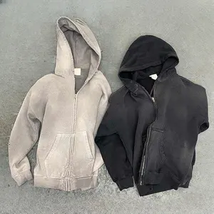 Wholesale Streetwear Fleece Blank Vintage Zip Up Hoodie Custom Mens 100% Cotton French Terry Distressed Acid Wash Hoodie