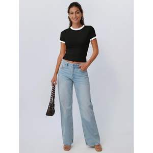 2025 2025 Y2K Top corto para mujer Top CORTO BÁSICO con cuello redondo y bloque de color Slim Fit manga corta lindo y para el verano - Product Image 1