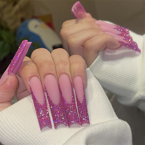 French Starry Leopard Press-on False Nails Pink Brown <strong>Detachable</strong> Nail Art <strong>Patch</strong> for Finger Long Tips Square Butterfly Design - Product Image 2