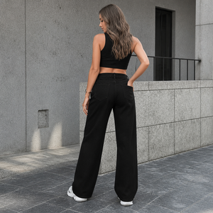 Jeans Negros de Cintura Alta y Pierna Ancha para Mujer, con Detalles de Rodillas Desgastadas, Pantalones Vaqueros Casuales de Corte Holgado - Product Image 2