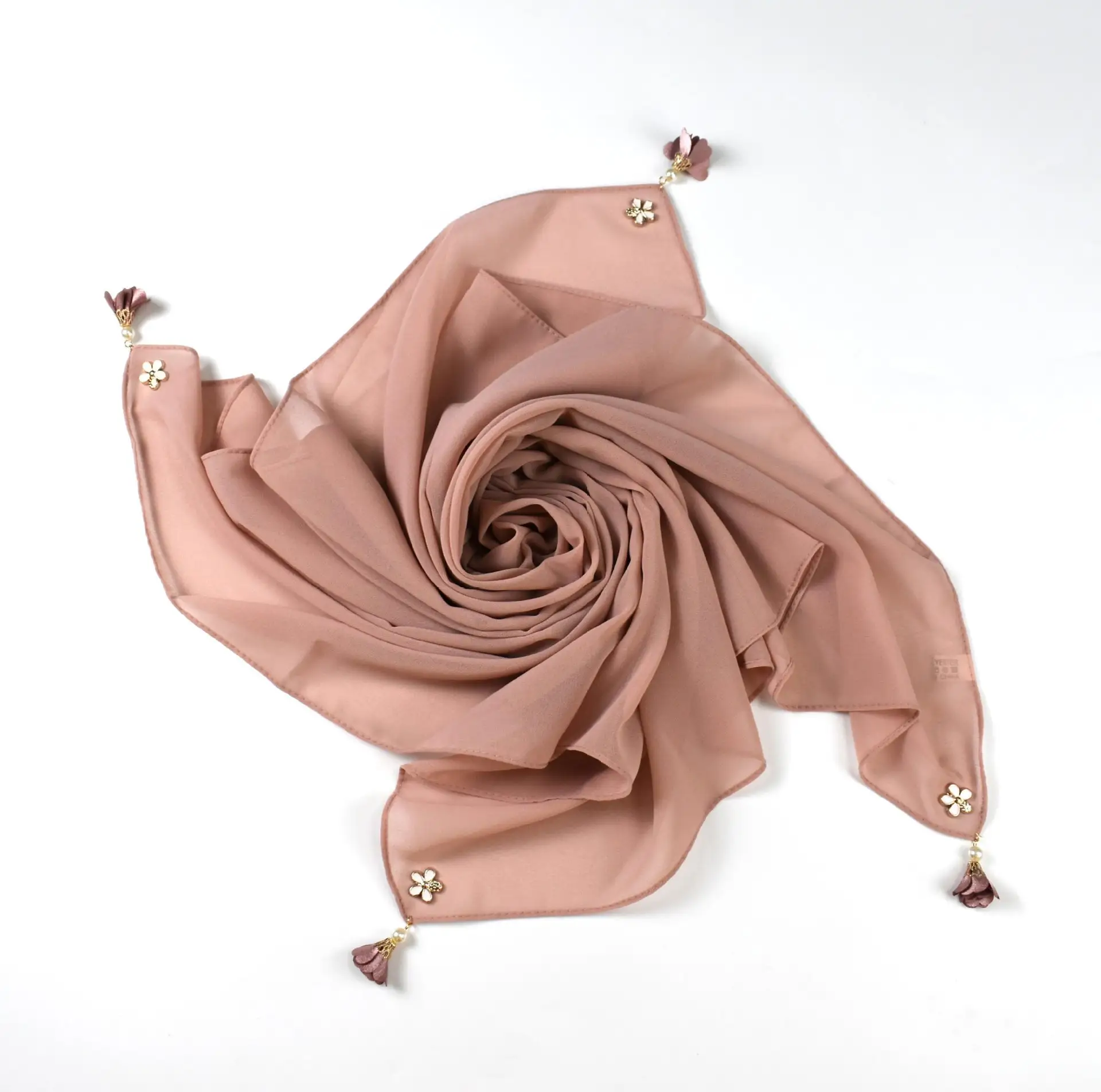 Women Solid pearl chiffon square scarf Muslim headscarf ins small fresh silk scarf Hui gauze Floral Tassel hijab scarf