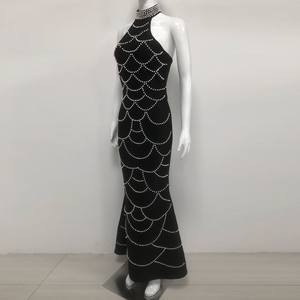 Abito lungo da sera nero elegante a sirena con perle personalizzate, vestito da ballo aderente, <span class=keywords><strong>abbigliamento</strong></span> da festa da donna, produttore - Product Image 3