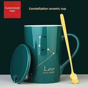 YC Creative Tasse en porcelaine avec couvercle et cuillère, cadeau accompagnant, logo imprimé Douze Constellations, résistante aux hautes températures, moderne - Product Image 3