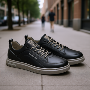 Baskets décontractées en cuir pour hommes Porshic, à bout rond, à lacets, style mode, pour la marche, toutes saisons, couleur unie, style basketball - Product Image 2