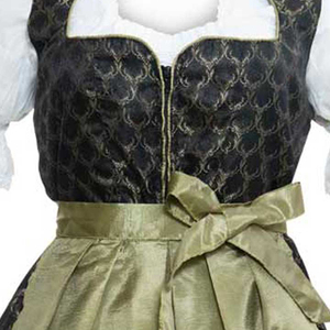 Robe traditionnelle Dirndl noire à motif géométrique doré en satin, coupe trapèze, longueur midi, manches bouffantes, col cœur, pour les fêtes et célébrations - Product Image 5