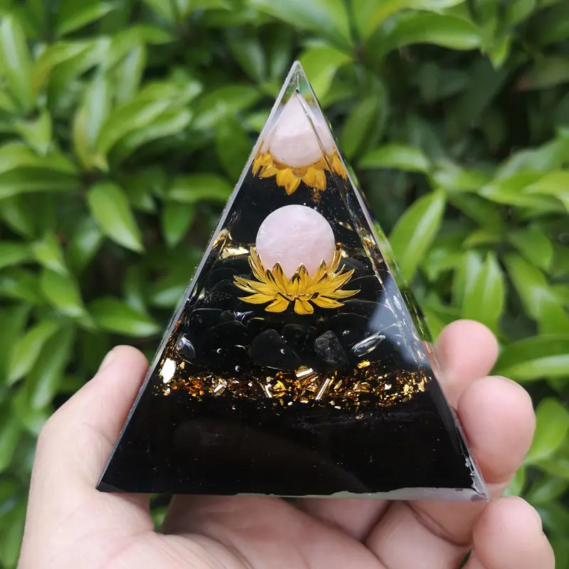 새로운 수제 8cm 작은 잎 연꽃 핑크 크리스탈 구체 피라미드 흑요석 크리스탈 치유 Orgonite 에너지 명상 장식