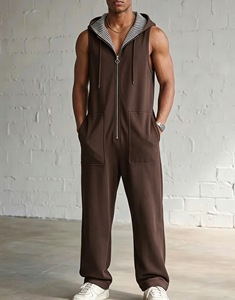 Tuta Intera Estiva da <span class=keywords><strong>Uomo</strong></span> Nera Senza Maniche con Cappuccio e Fodera a Righe, Leggera e Casual con Zip Integrale - Ultima Moda, Offerta Speciale - Product Image 4