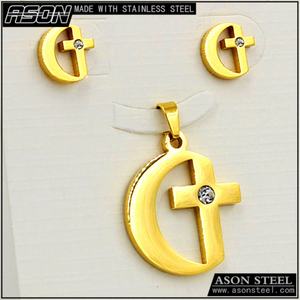 Fashion Stainless Steel 18k <b>Gold</b> Cross and Moon Women Necklace Jewelry <b>Sets</b> - Product Image 2