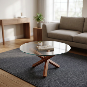 Table basse ronde moderne avec plateau en verre trempé et structure en bois, design mi-siècle, meubles de salon, facile à nettoyer - Product Image 3