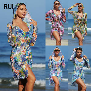 RUIQUWIN Ensemble bikini 3 pièces personnalisé pour femme, motif floral sur le devant, avec cache-maillot en résille, protection solaire à capuche, manches longues, taille haute, séchage rapide, pour les vacances - Product Image 1