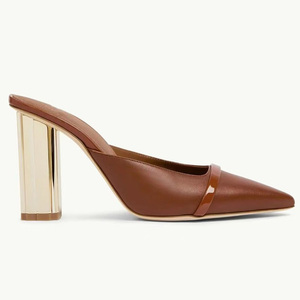 Genuine Leather Women Chunky Heels Mules Custom Logo on Summer Sandals Pointy Toe <b>Slides</b> Shoes Ladies Slippers Pumps - Product Image 2