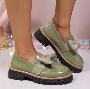 2026 New Women PU Solid Color Bowknot Slip-on Loafers Rubber Chunky Heel Sexy Casual Plus Size Daily <b>Shoes</b> - Product Image 3