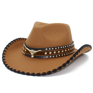 Chapeau de cowboy western unisexe vintage à large bord avec ornement tête de taureau et bordure en dentelle pour la pêche, les fêtes et le sport - Product Image 5