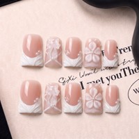 Uñas Postizas Acrílicas PMMA Hechas a Mano con Curva Francesa Corta Tipo Pico de Pato, Marca Exclusiva ODM, Cobertura Total, Textura 3D, 10 Piezas