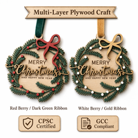Ornement de Noël personnalisé MERRY |   Couronne décorative découpée au laser en contreplaqué de peuplier multicouche |   Cadeau de Noël personnalisé à suspendre