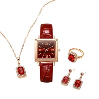 Ensemble de montres pour femmes tendance, cadran carré de 28 mm, quartz, bracelet en alliage PU, collier, bague, boucles d'oreilles en strass