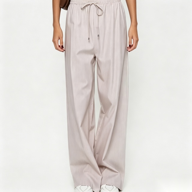 Custom Women Wide Leg Pants Pocketed Solid Color Thin Breathable Casual Pants High Waist Striped Straight Trousers
