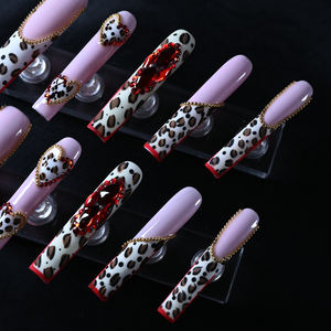 Faux ongles à presser faits main, longs, en acrylique de luxe, motif léopard, couvrance totale, avec strass, prix usine, vente en gros - Product Image 1