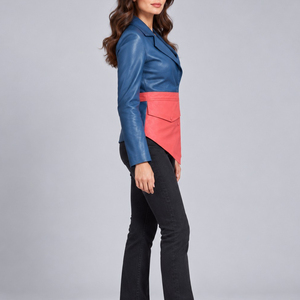 <b>Women</b> Blue and Pink Color Block Genuine Leather <b>Jacket</b> Turn Down Collar Long Sleeve Fitted Blazer - Product Image 3
