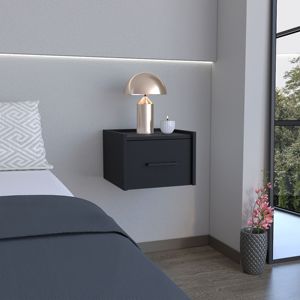 DB Yorktown Modern Solid Oak <b>Floating</b> Nightstand Space-Saving Design with Handy <b>Drawer</b> for Bedroom Surface Black - Product Image 1