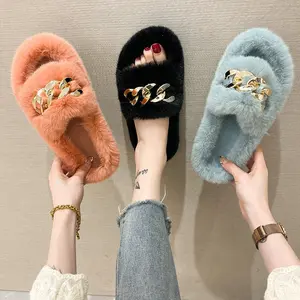 YIWU XINYU Fall winter sandals fluffy fashion fur slippers with gold chain rhinestone fur slides slippers for ladies