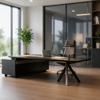 Bureau de direction moderne minimaliste en forme de L avec armoire de rangement en bois, étagères écologiques et panneau géométrique pour le bureau