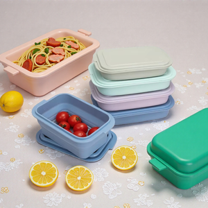 Kotak Bento lipat silikon portabel, wadah makan siang persegi panjang dapat dilipat untuk penyimpanan makanan rumah satu kompartemen peralatan makan - Product Image 5