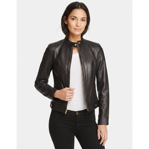 Dernière Collection : Blouson Bomber en Cuir Noir pour Femme, Coupe Slim, en Peau de Mouton, Respirant et Matelassé, Style Motard - Product Image 2