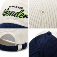 Casquette de baseball personnalisée en velours côtelé, bicolore crème et marine, 6 panneaux, broderie 3D, sangle réglable, unisexe, style Dad Hat, vente en gros OEM ODM