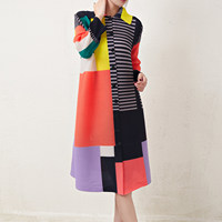 Dernière Robe Plissée Miyake Femme, Robe Décontractée Imprimée Ample Élastique Extensible, Robes Chemises Grande Taille Blocs de Couleurs